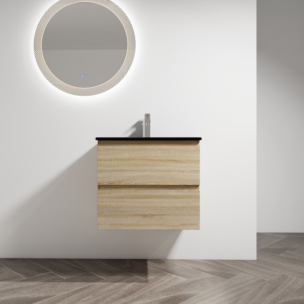 Modern 24" Floating Bathroom Vanity with Black Ceramic Basin, Soft-Close Drawers, Water-Resistant Melamine Surface