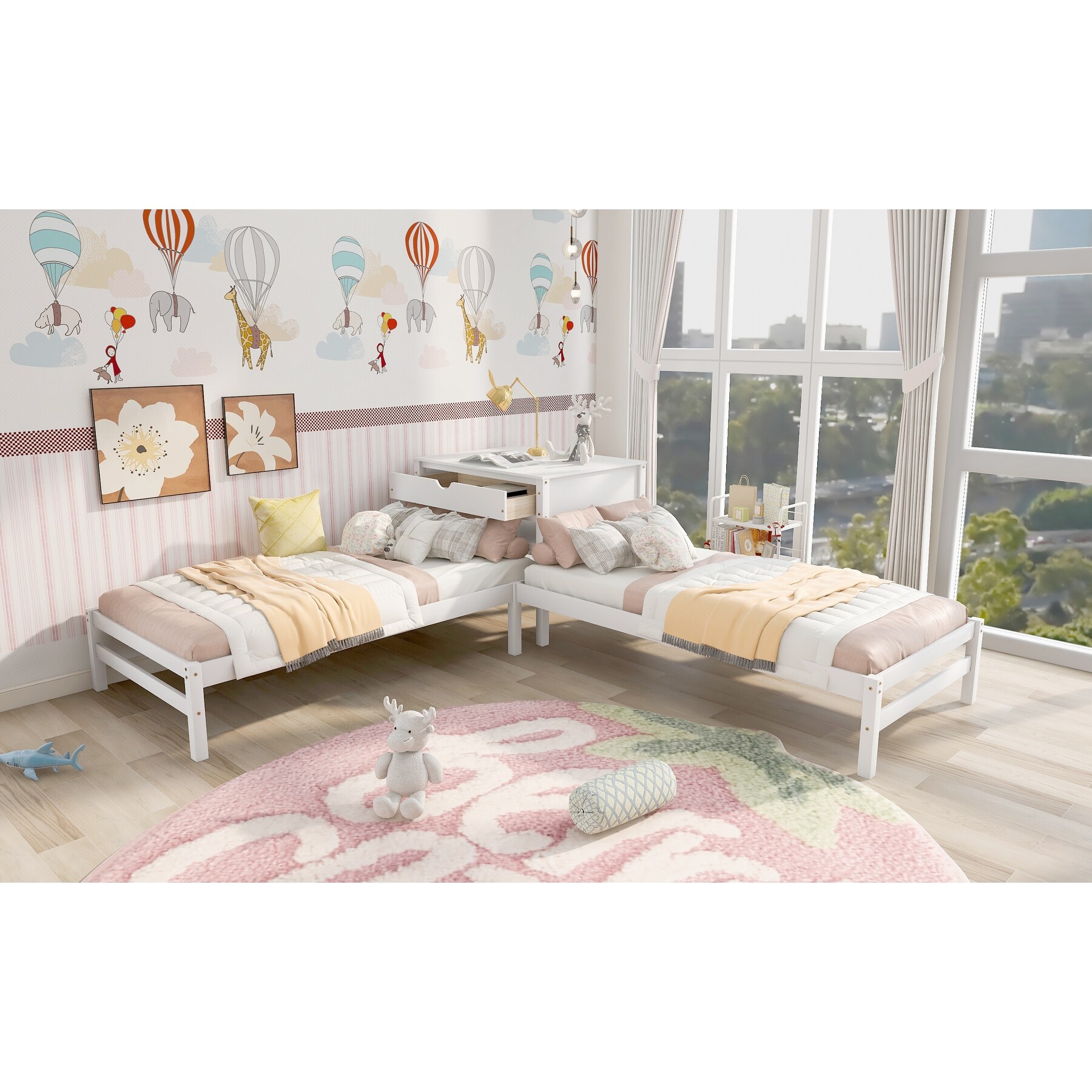 L Shaped Twin Size Platform Beds with Headboard Drawer and Built in Rectangle Table Solid Wood Slats Bed Bath Beyond 38260681