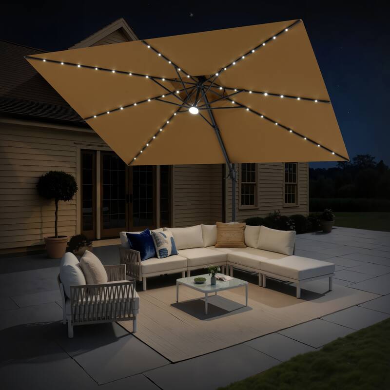 12 x 9 FT Outdoor Patio Cantilever Umbrella with Solar Lights Double Canopy 360 Rotation Tilt - Tan