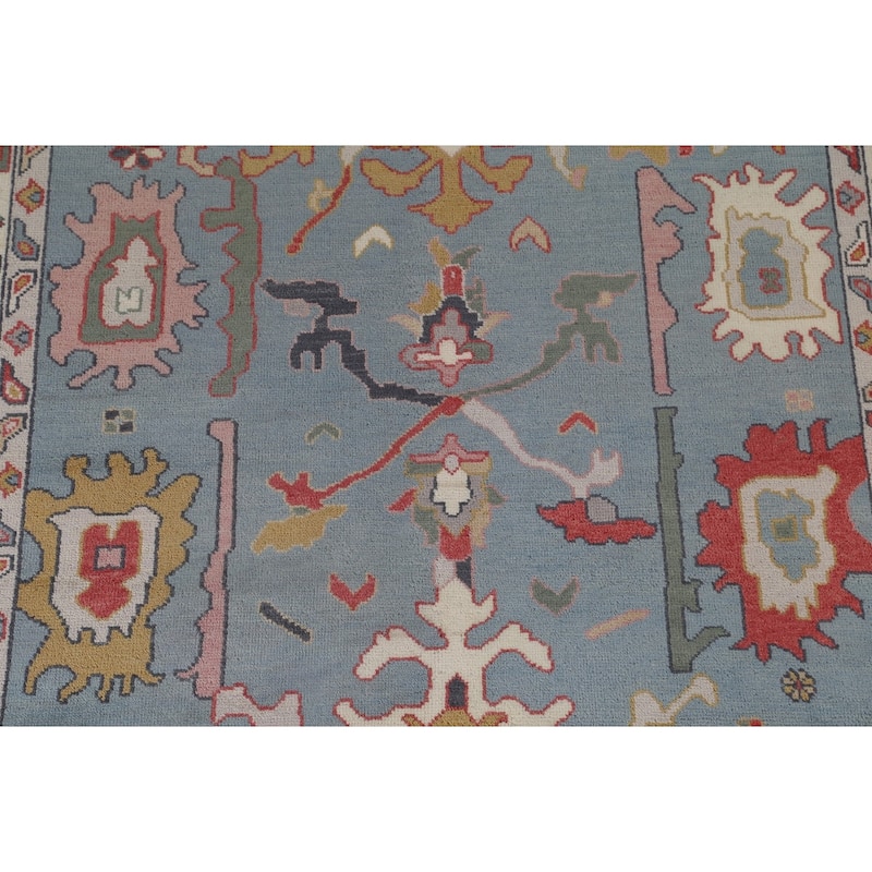 Blue Oushak Area Rug Hand-Knotted Floral Wool Carpet - 8'2" x 10'0"