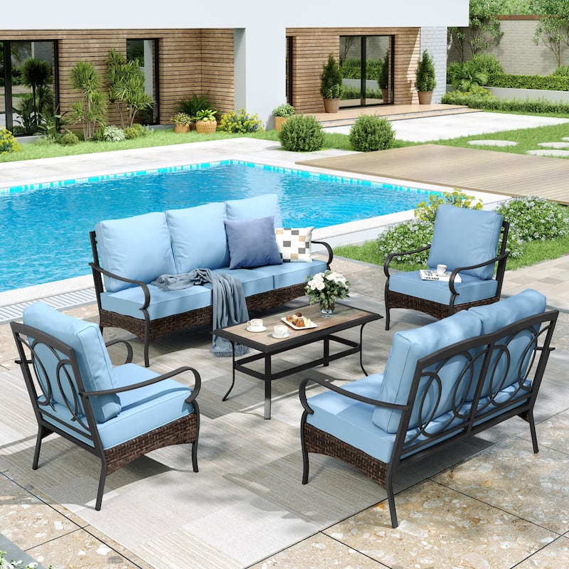 MAISON ARTS Modern Outdoor Patio Furniture Set with Waterproof Cushions - 5-Piece Wicker & Metal Conversation Set - Fixed Chair - Blue