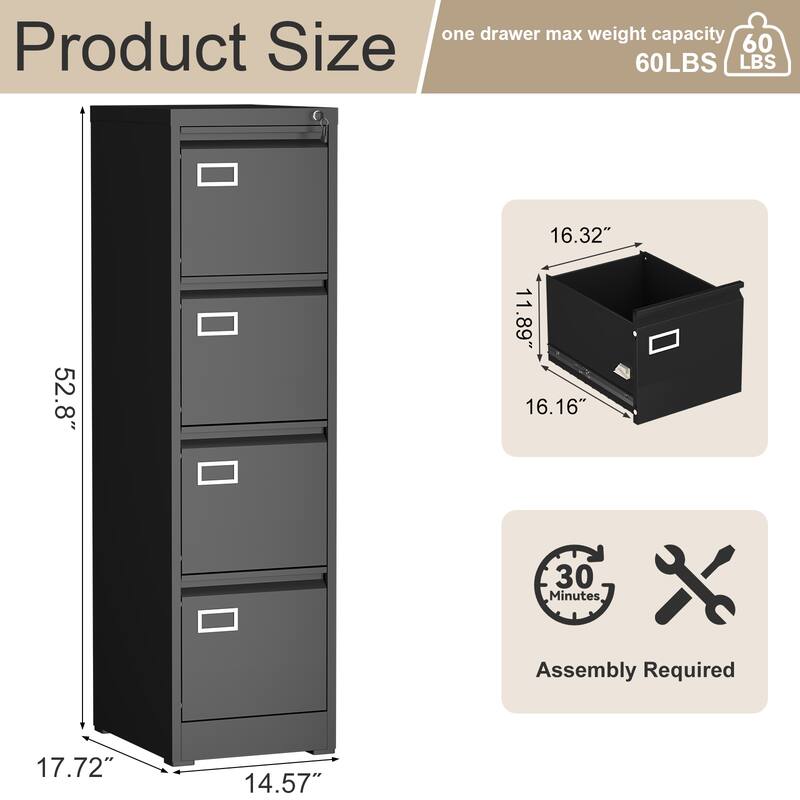 Modern 4-Drawer File Cabinet, Vertical Filing Cabinet with Lock, Silent Slides and Anti-Tilt Design, for Home Office