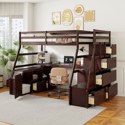 Espresso Full Pine Loft Bed with Desk and Storage