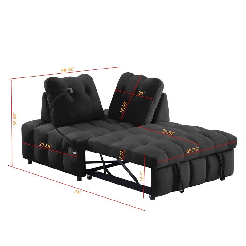 Velvet Pull Out Sofa with Removable Backrest,USB Port and Phone Stand