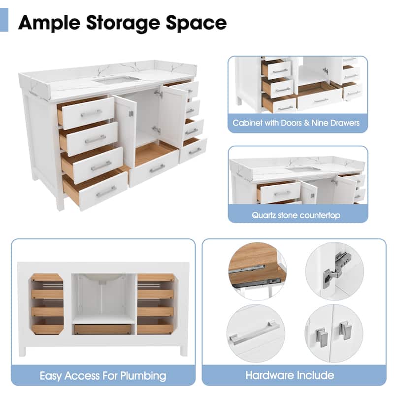 Nephelily 60 inch Transitional White Bathroom Vanity, Single Sink