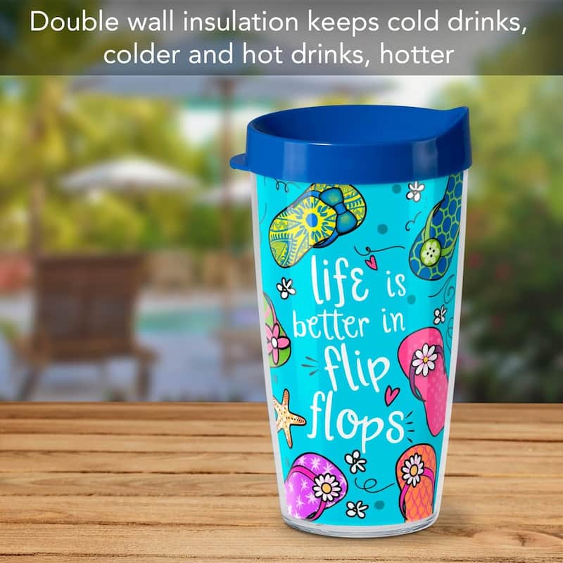 Flip Flops Double Wall Insulated Unbreakable Plastic Travel Tumbler with Lid Holds 16 Ounces Free Microwave Safe Dishwasher Safe