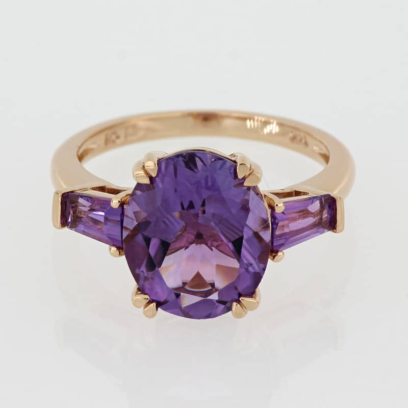 Oval and Taper-Cut Amethyst 3-Stone Ring in 14k Rose Gold by Miadora