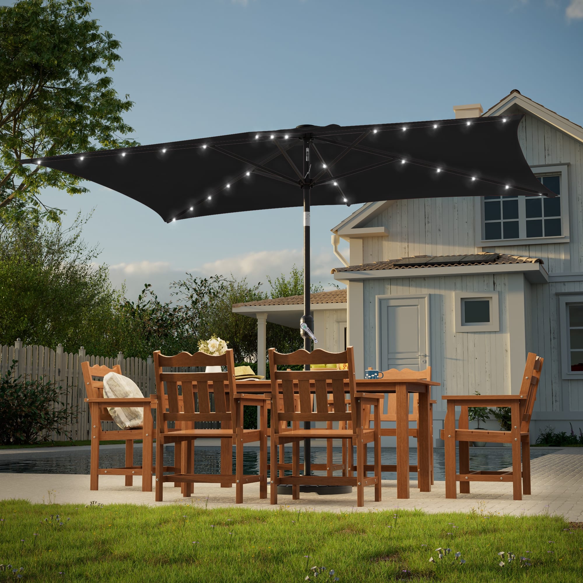10 x 6 patio umbrella JEAREY 6.5x10 ft Rectangular Umbrellas Rectangle Outdoor with Push Button Tilt and Crank, Market Table Umbrella Sturdy Ribs UV Protection for Poolside Garden Backyard Deck, Beige Sporting a deep red canopy made of Sunbrella fabric Aok Garden 10x6.5FT Rectangular Patio