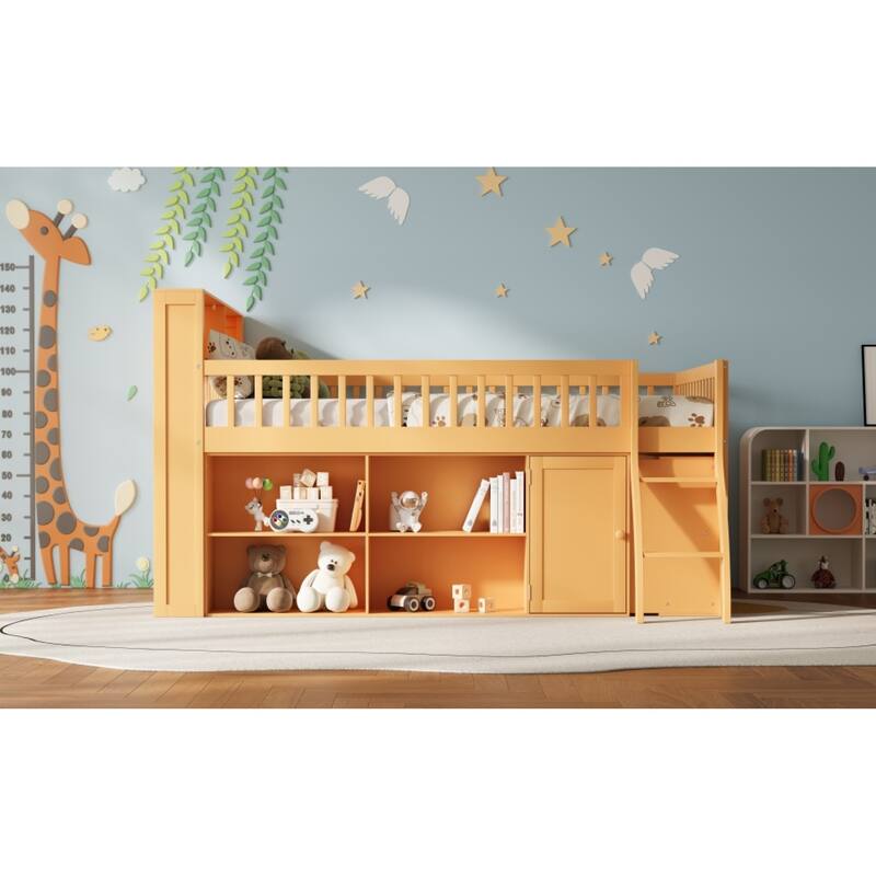 Roomfitters Full/Queen Loft Bed with Storage Shelves and LED Headboard