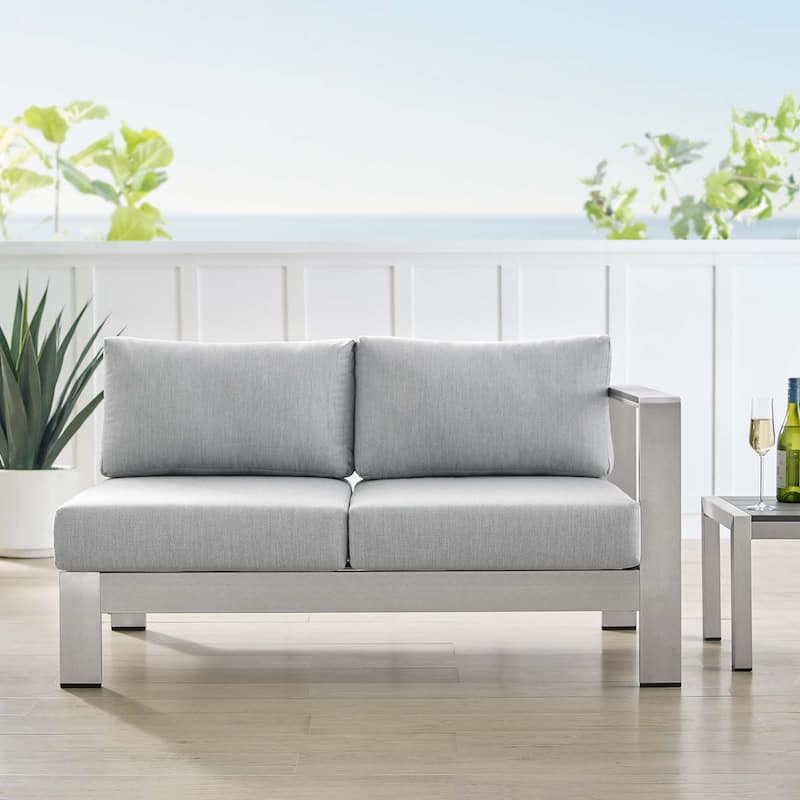 Shore Sunbrella® Fabric Aluminum Outdoor Patio Right-Arm Loveseat - Silver Gray
