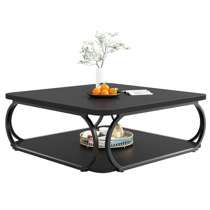 39" Large Square Wood Coffee Table, 2 Tier Tea Table with Storage Shelf, Center Table for Living Room & Home Office