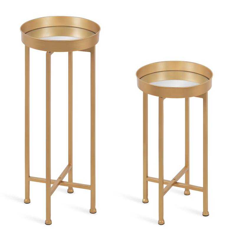 Kate and Laurel Celia Round Metal Foldable Tray Table Set - 2 Piece - Gold/Mirror