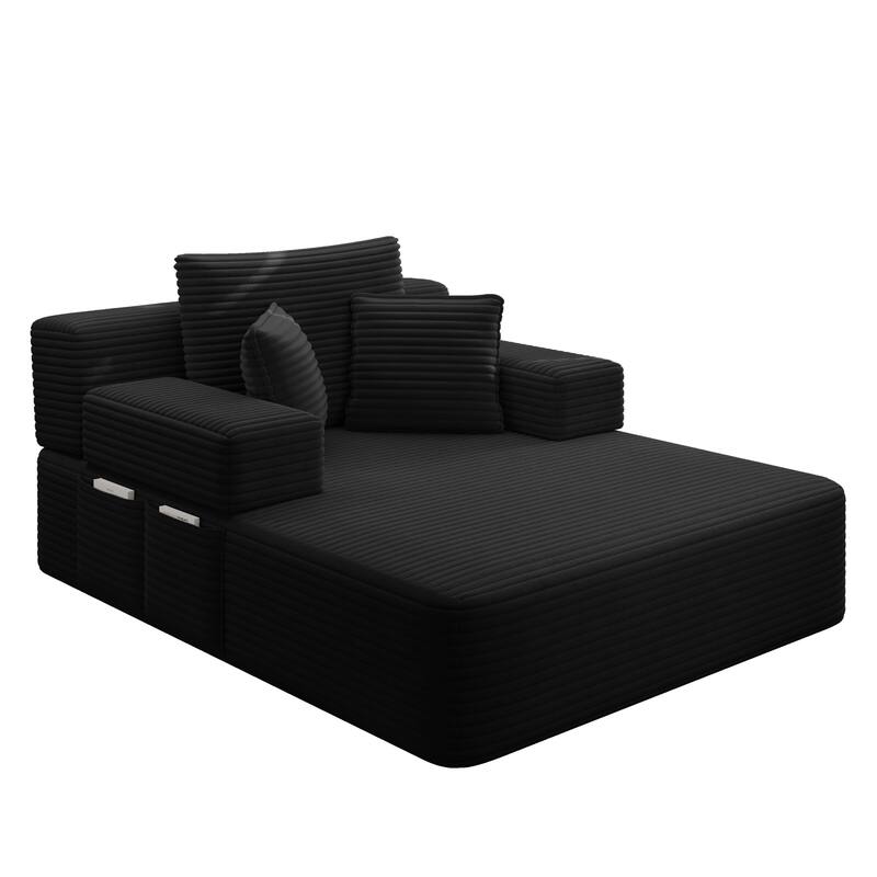 Luxurious Plush Corduroy Chaise Lounge Convertible Sofa Bed with Storage Pocket and Wide Armrests