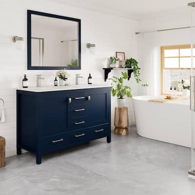Eviva London 48"W x 18"D Blue Double Sink Bathroom Vanity with White Carrara Quartz Vanity Top - 48