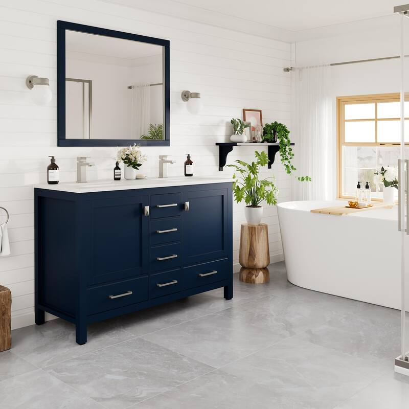 London 48"W Blue DS Bath Vanity with Carrara Quartz Top & Porcelain Sink