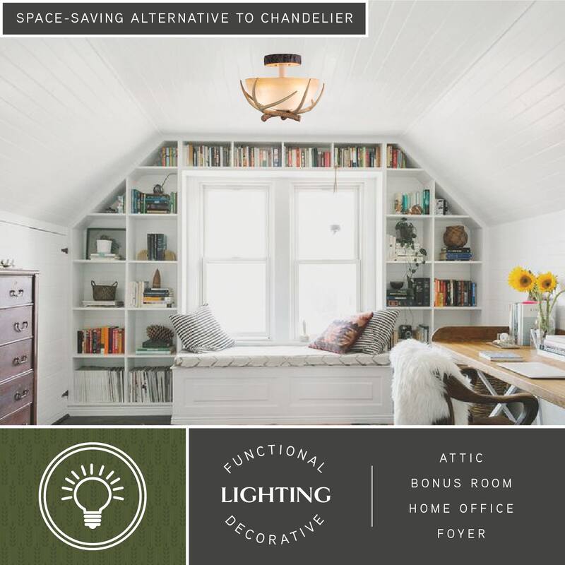 Lodge 16-in W Cream Rustic Antler Bowl Semi Flush Mount Ceiling Light Cream Glass - 16-in W x 12.75-in H x 16-in D