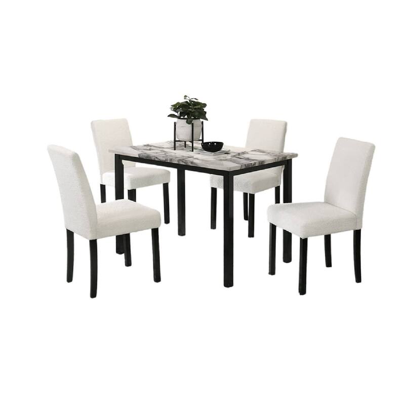 Contemporary 5-piece Dining Set White Chairs faux marble Top Table