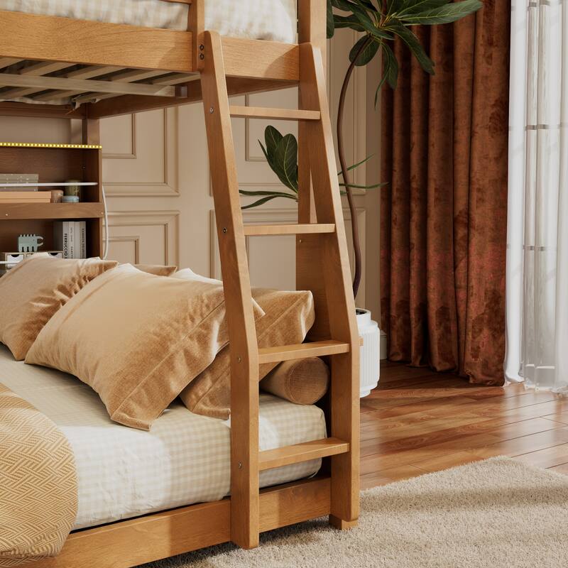 Kids Bunk Bed Frame with Integrated Shelving, Light Strip and Pegboard, Convertible into Floor Platform Bed and Low Loft Bed