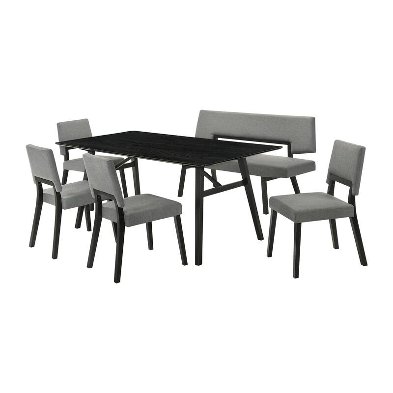Channell Black or Walnut Wood 6 Piece Dining Set with Upholstered Chairs and Bench