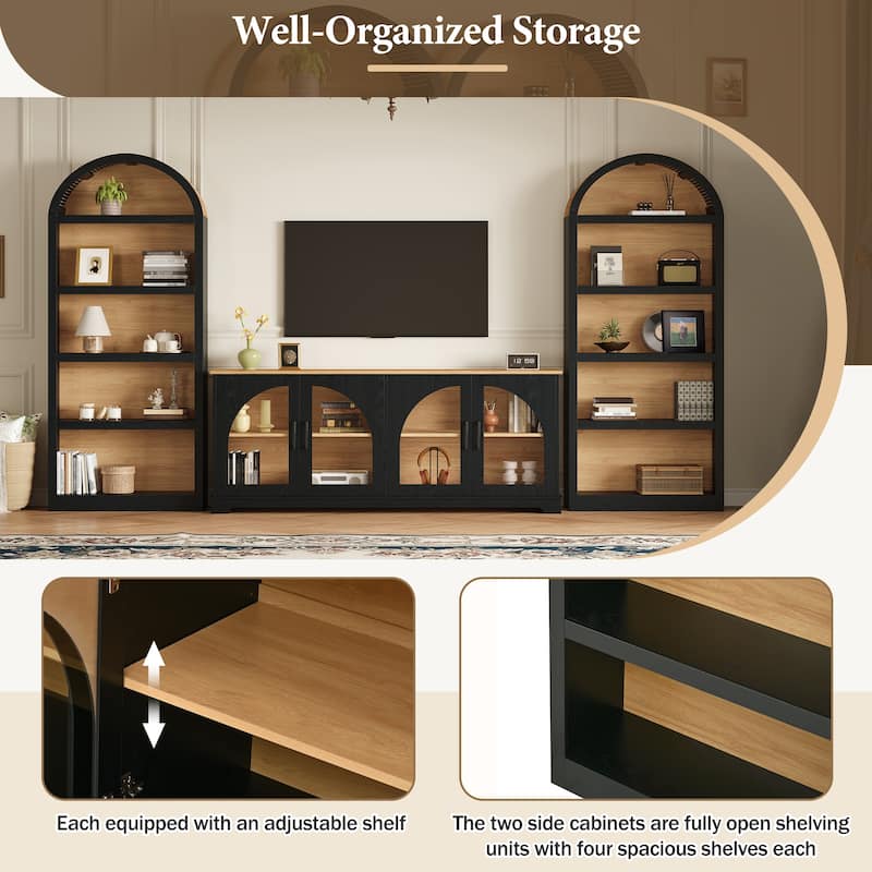 3-Piece TV Stand Set with Bookshelf for TVs Up to 70", Wood Grain Entertainment Center with Arched Design, Tempered Glass Doors