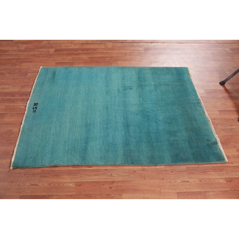 Turquoise Blue Gabbeh Accent Modern Rug Hand-Knotted Wool Carpet - 3'6" x 4'11"