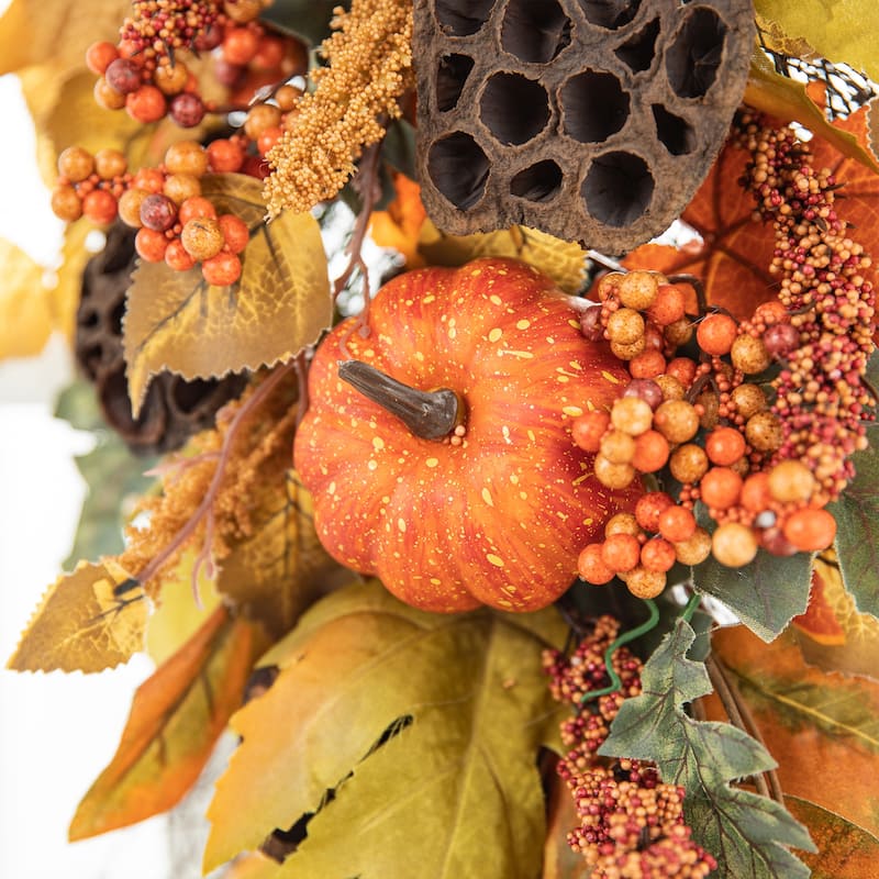 Glitzhome 26"H Fall Sunflower Pumpkin Lotus Leaf Teardrop Swag for Thanksgiving