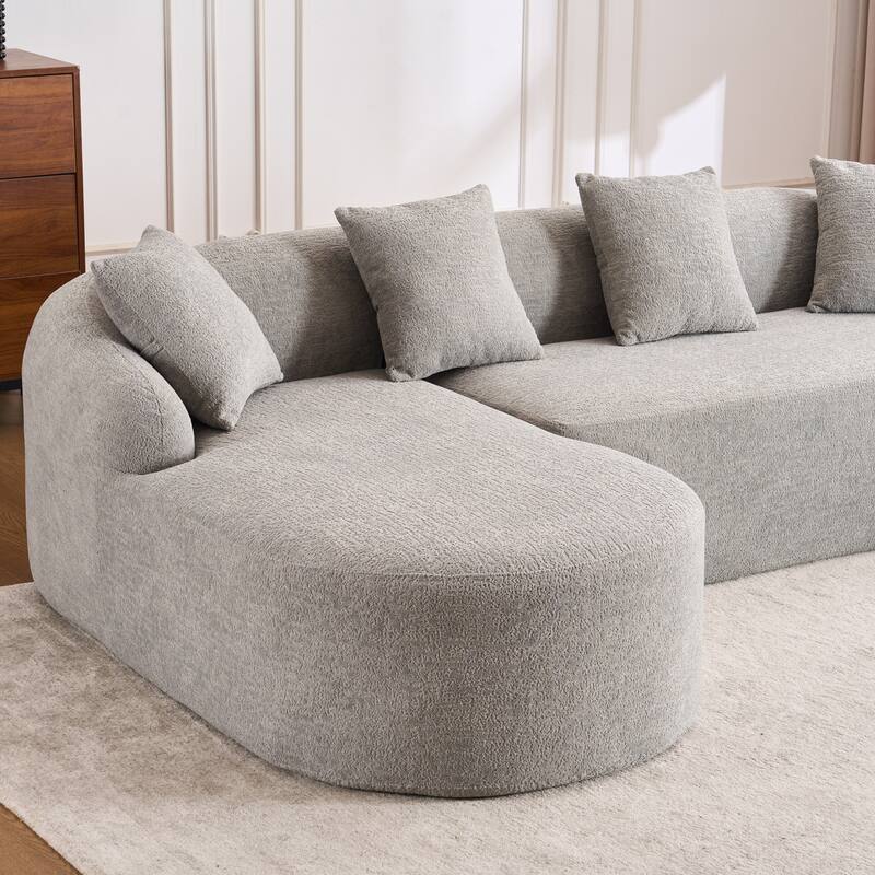 L-Shaped Sectional Sofa with Curved Chaise, Chenille Boneless Cloud Sofa, Modular 4-Seater Sofa with 4 Throw Pillows