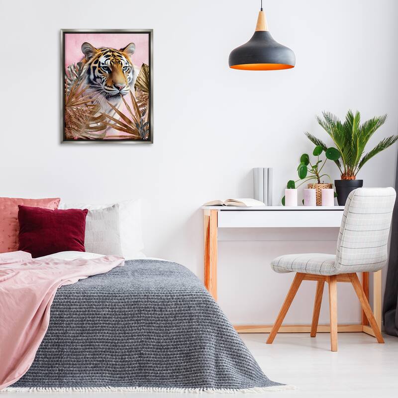 Stupell Exotic Tiger with Gold Leaves Framed Floater Canvas Wall Art Design By Kim Allen