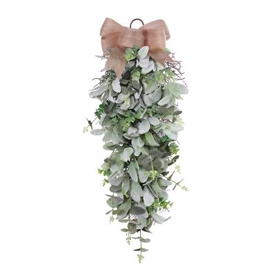 30" Front Door Swag with Burlap Bow & Lambs Ear & Greenery Leaves
