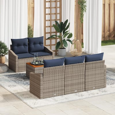 vidaXL 6 Garden Sofa Set with Cushions Black/Grey Poly Rattan - 70.1 x 24.4 x 27.2