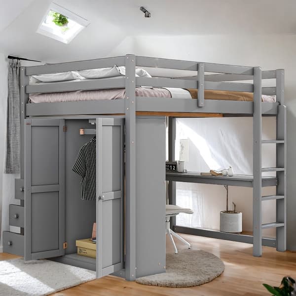 slide 2 of 17, Wood Full Size Loft Bed with Wardrobe, Desk, Shelves and Drawers, Gray Grey