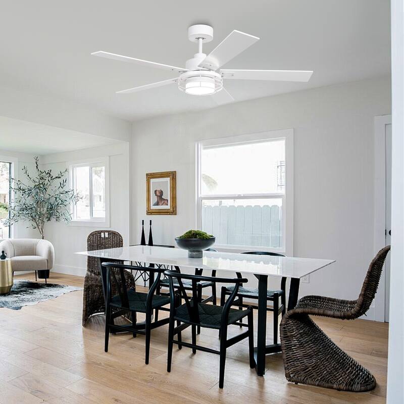 52-in Industrial Metal Caged Ceiling Fan with Light and Remote, Reversible 5-Blade