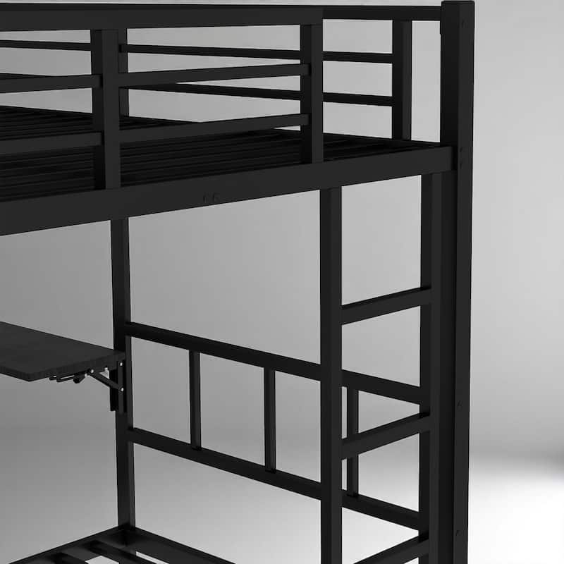 Metal Twin/Full/Queen Over Twin Bunk Bed with Trundle, Built-in Wardrobe, Foldable Desk, and Ladder, Black