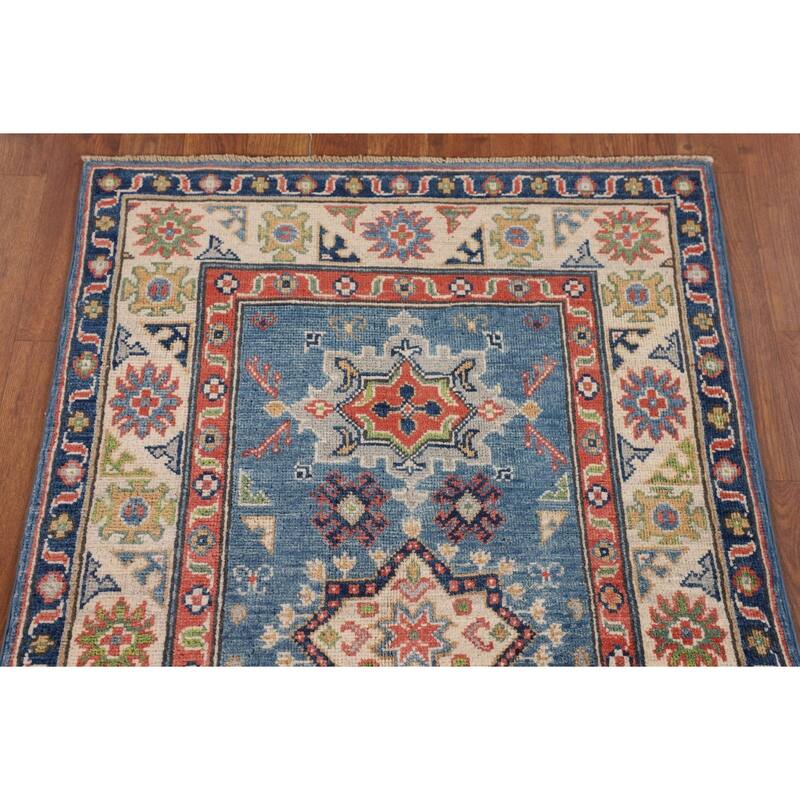 Blue Geometric Kazak Accent Rug Handmade Wool Carpet - 2'8" x 4'3"