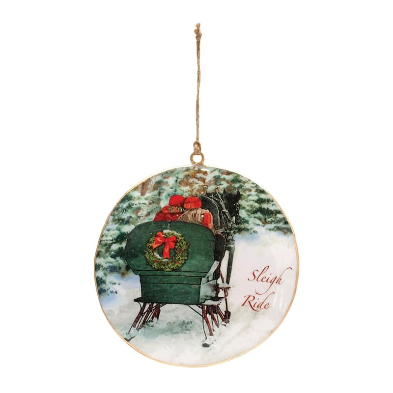"Sleigh Ride" Couple Christmas Disc Ornaments - 6" - Green and White - 6ct