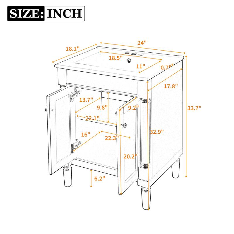 24 Inch Bathroom Vanity with Ceramic Top Sink, Freestanding Single Sink Vanity with Storage Shelves, Modern Style