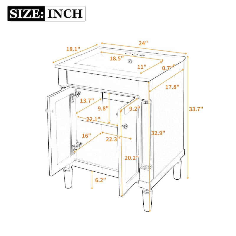 24 Inch Freestanding Bathroom Vanity with Sink, 2-Tier Enclosed Storage Shelves, Drop-in Ceramic Top