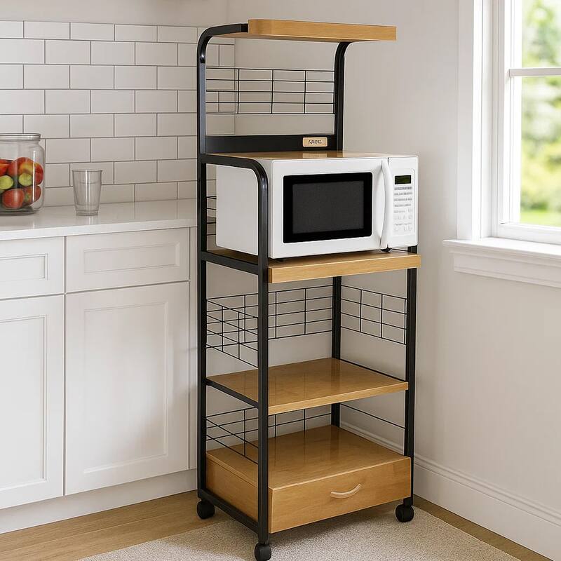 Wood and Metal Frame Microwave Cart with Power Outlet, Black and Brown