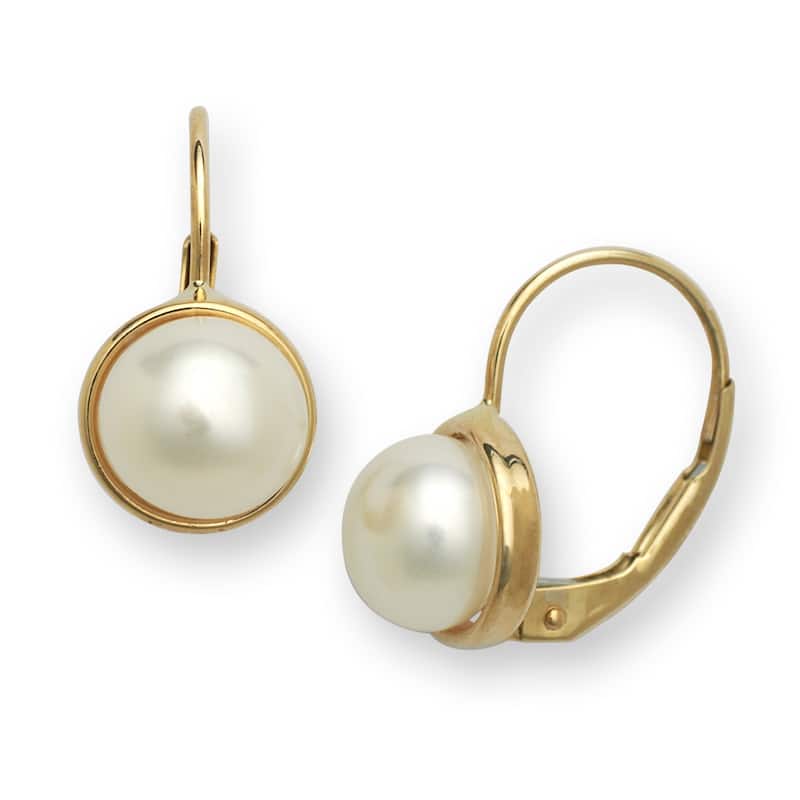Curata 14k Yellow or White Gold 8mm Freshwater Cultured Pearl Bezel-set Dangle Lever Back Earrings - Yellow