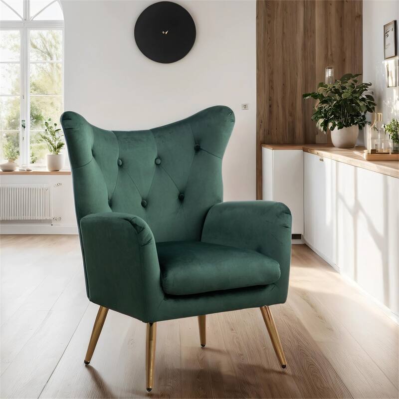 Velvet Wing Back Accent Chair with Button-Tufted and Metal Legs