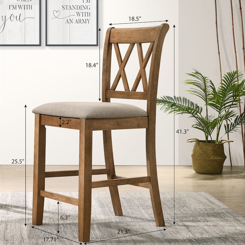 Wood 5-Piece Counter Height Dining Set Round Dining Table Set with Double-X Cut-Out Chair Backs Cross-Buck Pedestal Table Base