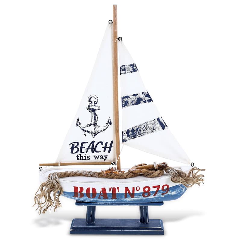 CoTa Global Ocean Blue Sailboat Decor - Large Handmade Wooden Boat - 16″Lx11″Wx3.5″H