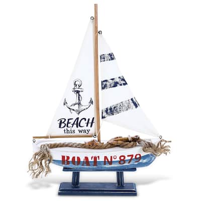 CoTa Global Ocean Blue Sailboat Decor - Large Handmade Wooden Boat - 16″Lx11″Wx3.5″H