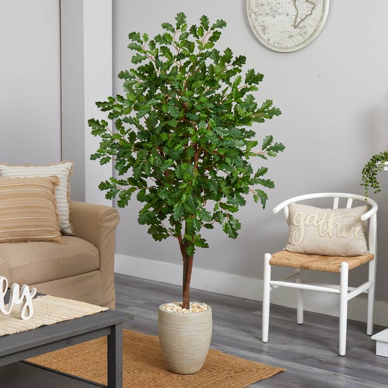69in Oak Artificial Tree in Sand Planter with Lifelike Green Leaves and Natural Rock Accents for Home Decor - 61 Inches and Over
