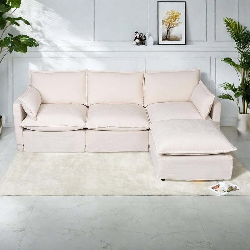 93.31" Linen Modular Sectional Sofa with Movable Ottoman, Solid Wood Frame, and High-Resilience Foam Cushions - Beige