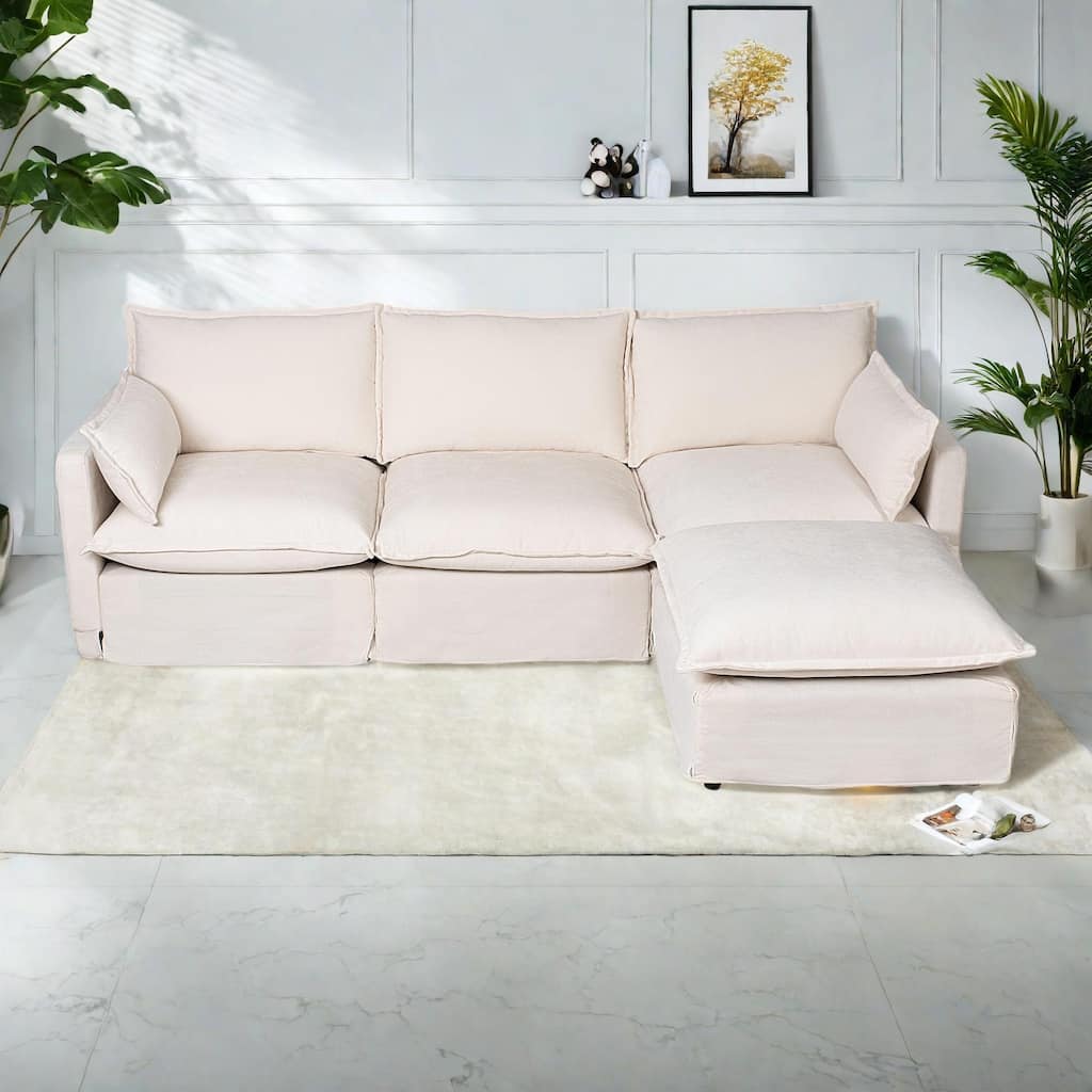 93.31" Linen Modular Sectional Sofa with Movable Ottoman, Solid Wood Frame, and High-Resilience Foam Cushions