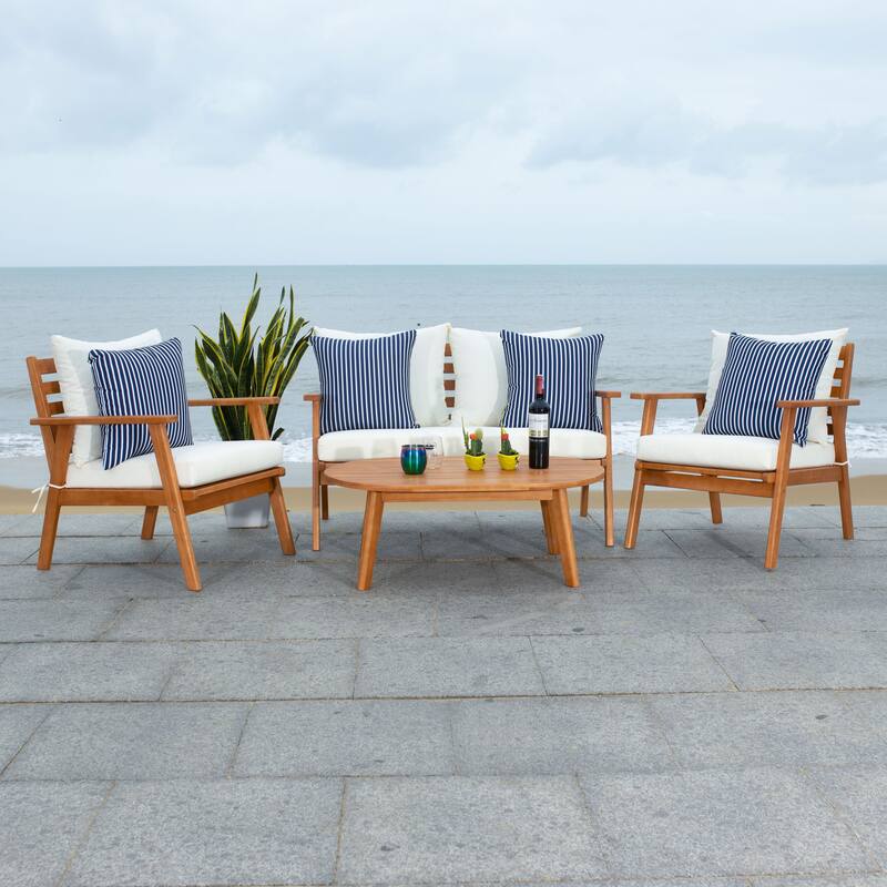 SAFAVIEH Outdoor Deacon 4-piece Conversation Patio Set. - 49" W x 30" D x 31" H - Natural/Beige/Navy Striped