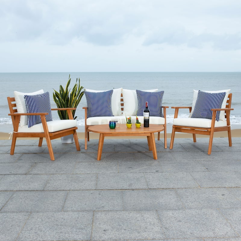 SAFAVIEH Outdoor Lupe 4-Piece Conversation Patio Set - 49W x 31D x 30H - Natural/Beige/Navy Striped