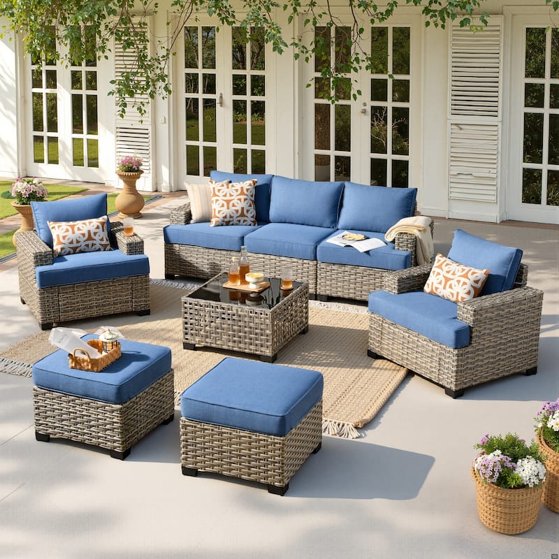 HOOOWOOO 8-piece Outdoor Sofa Patio Wicker Furniture Sectional Set with Coffee Table - Denim Blue