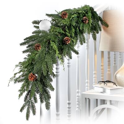 Real Touch Artificial Evergreen Mix Garland 48 in - Green - 48" x 11" at widest point.  Approx. 3" deep